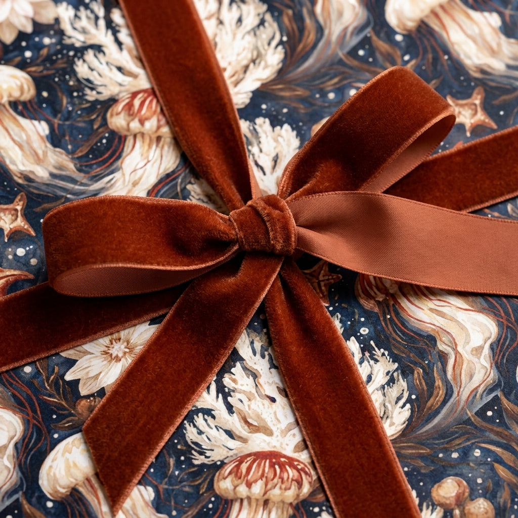 Luxury coastal wrapping paper with vintage jellyfish print and a rust velvet ribbon, by Wrapped Studios.