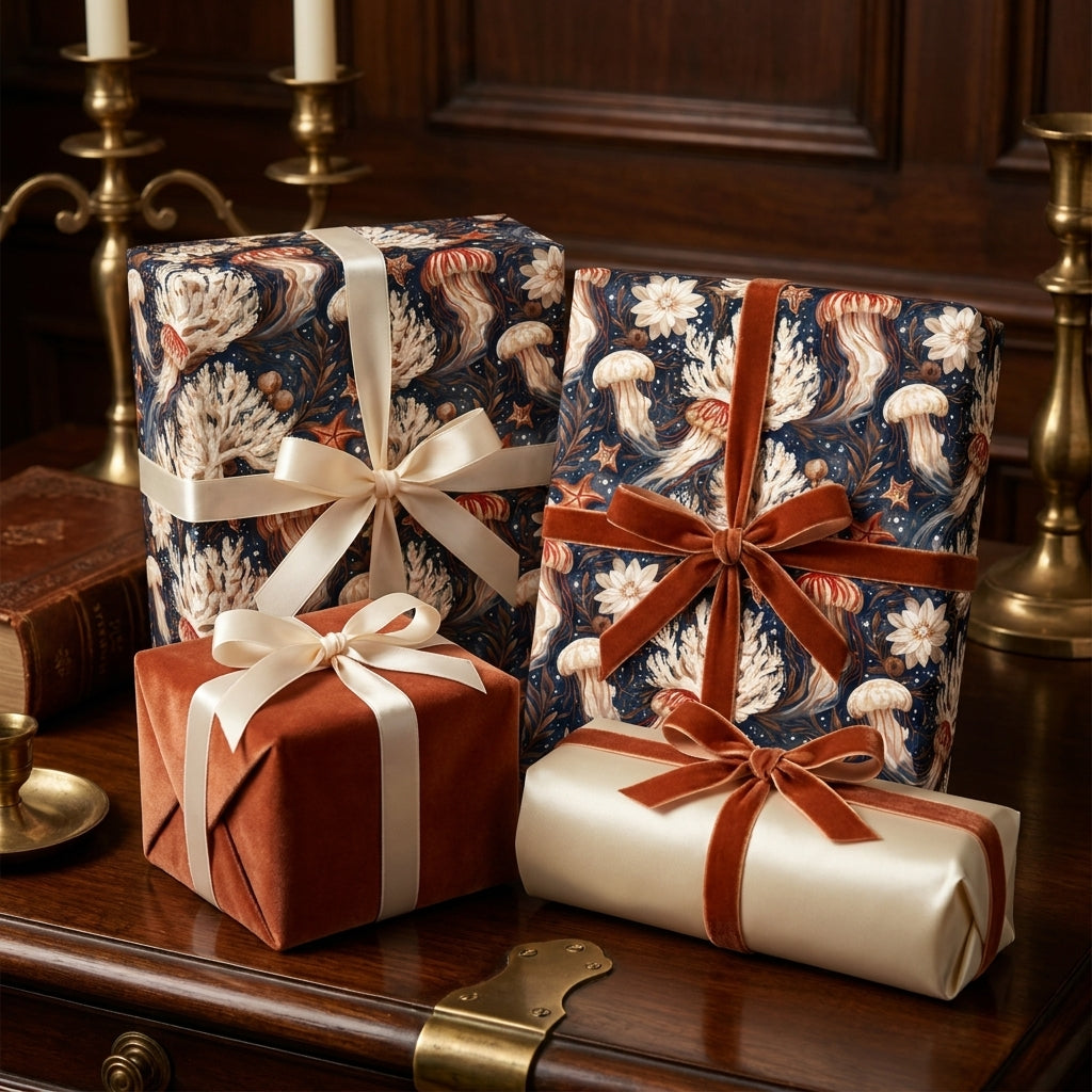 Luxury vintage ocean wrapping paper with jellyfish and velvet ribbons by Wrapped Studios.