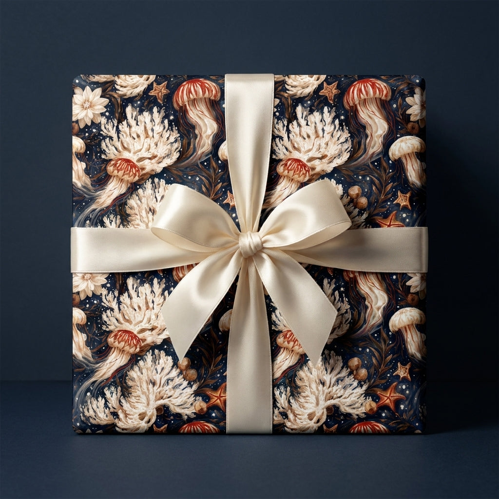 Vintage jellyfish wrapping paper with cream satin bow on gift box, luxury design by Wrapped Studios.
