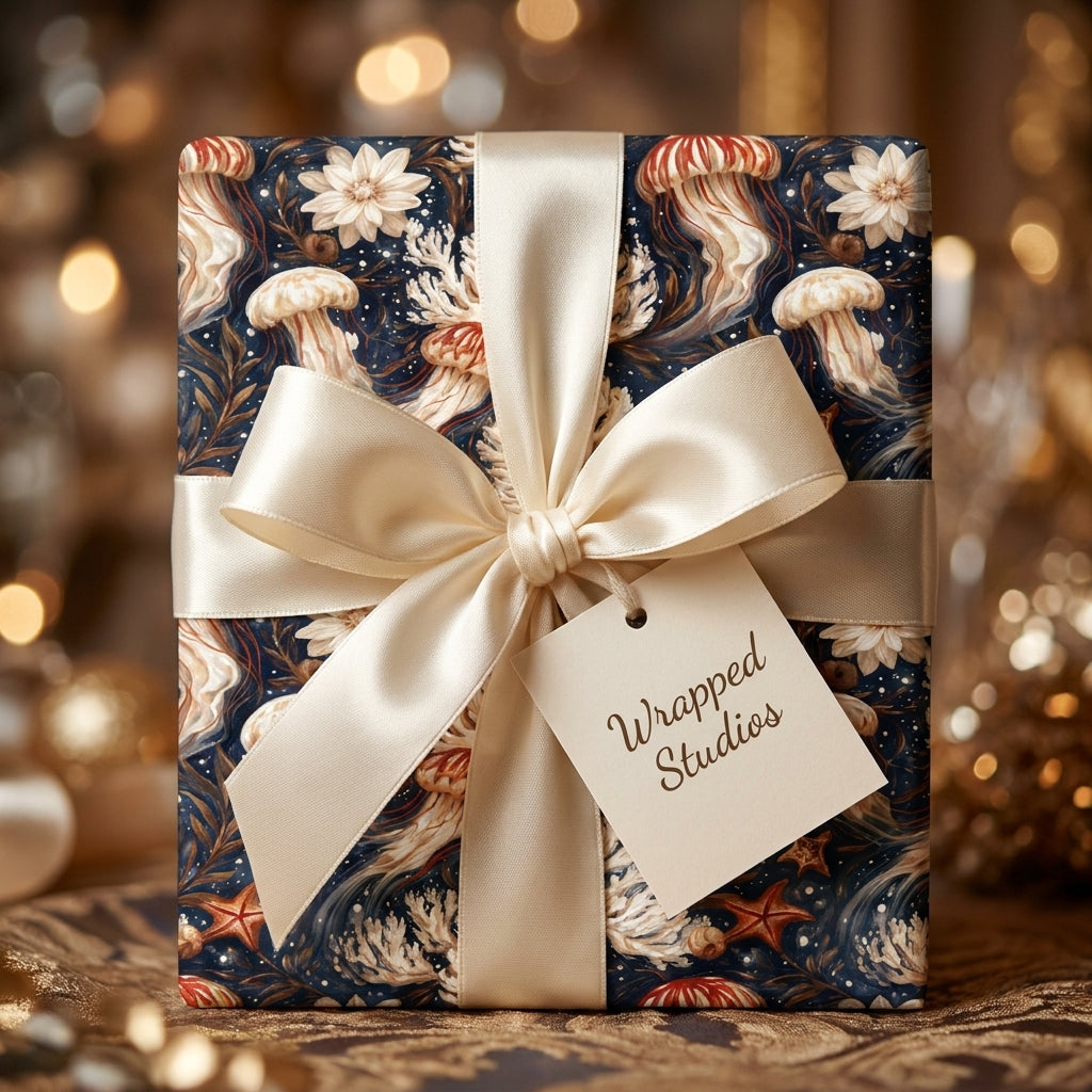 Luxury navy blue jellyfish wrapping paper with cream satin bow by Wrapped Studios.