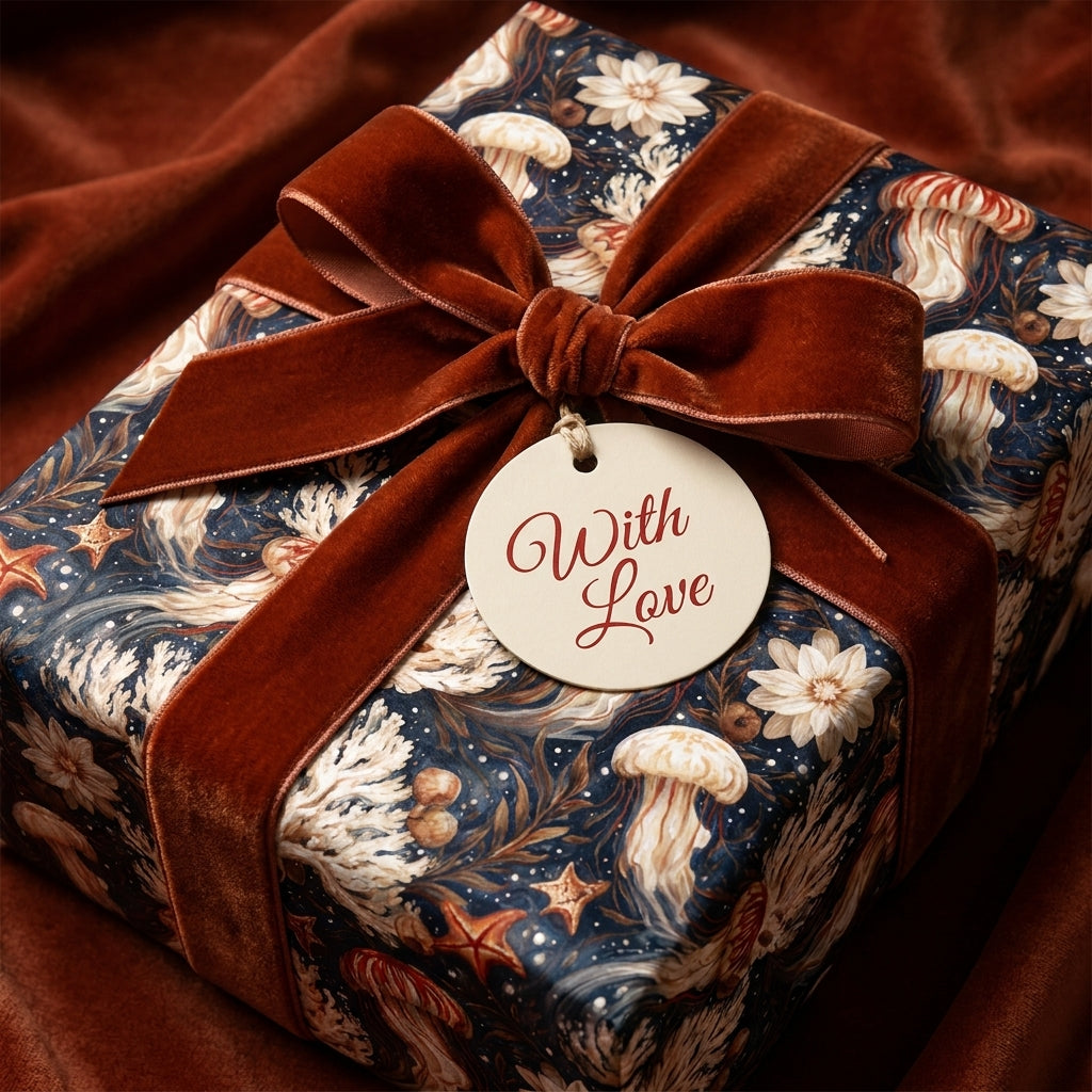 Luxury ocean wrapping paper with jellyfish pattern, rust velvet bow, and With Love tag by Wrapped Studios.