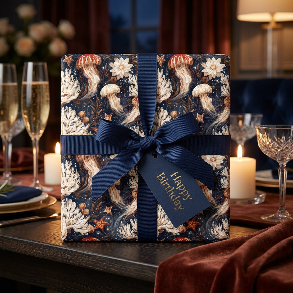 Ocean jellyfish luxury birthday wrapping paper with navy ribbon by Wrapped Studios.