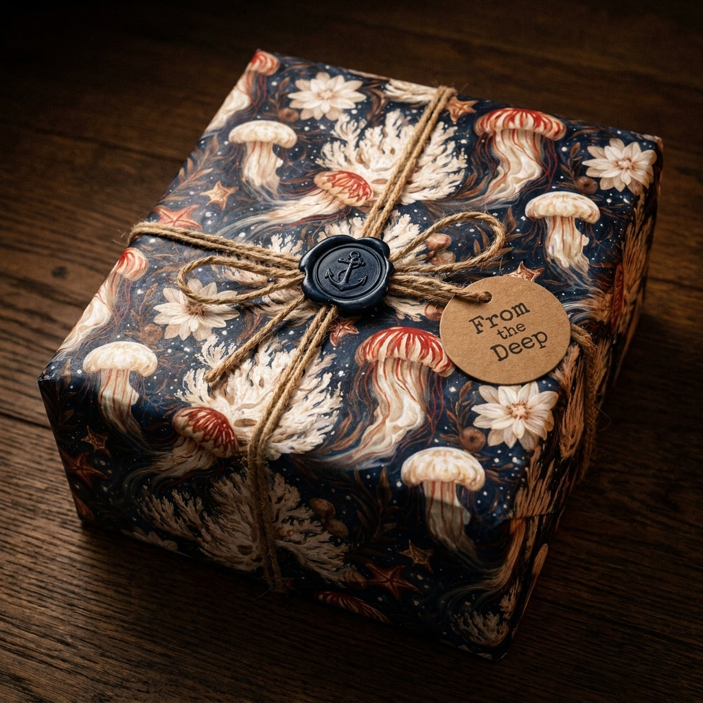 Vintage ocean wrapping paper with jellyfish on a gift box tied with twine. Luxury gift wrap by Wrapped Studios.