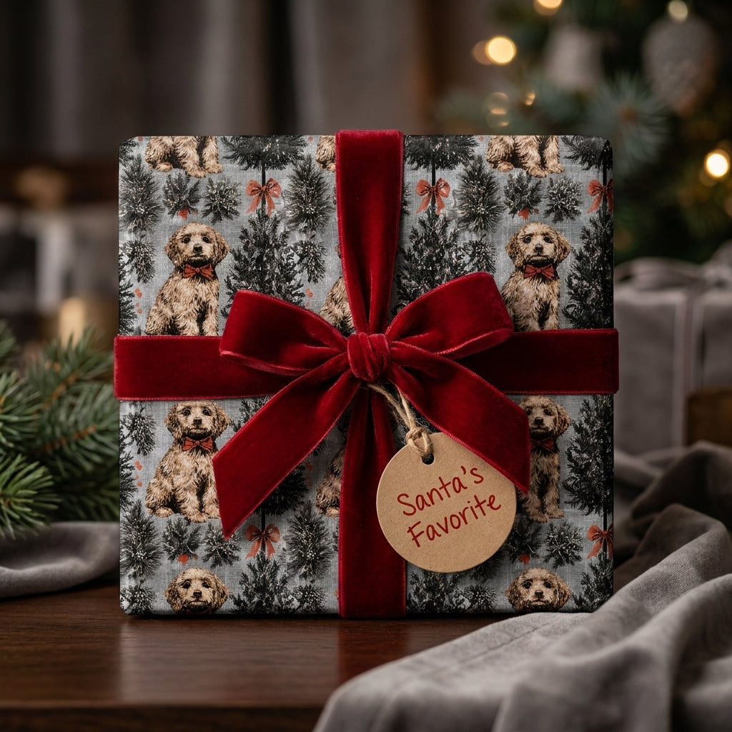 Goldendoodle dog Christmas wrapping paper with a red velvet bow by Wrapped Studios.