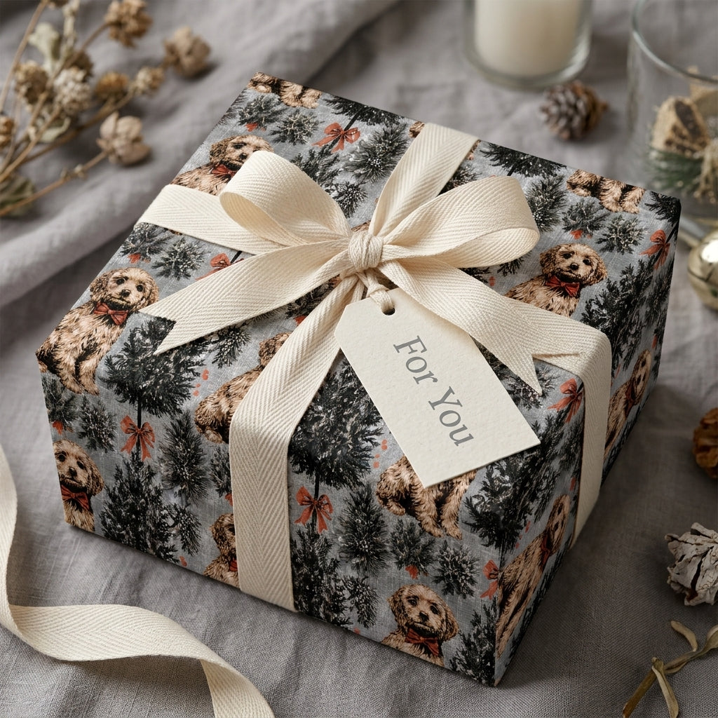 Goldendoodle dog Christmas wrapping paper by Wrapped Studios on a gift box tied with a cream ribbon.