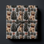 Dog Christmas wrapping paper featuring cute goldendoodles and pine trees on a gift box by Wrapped Studios.