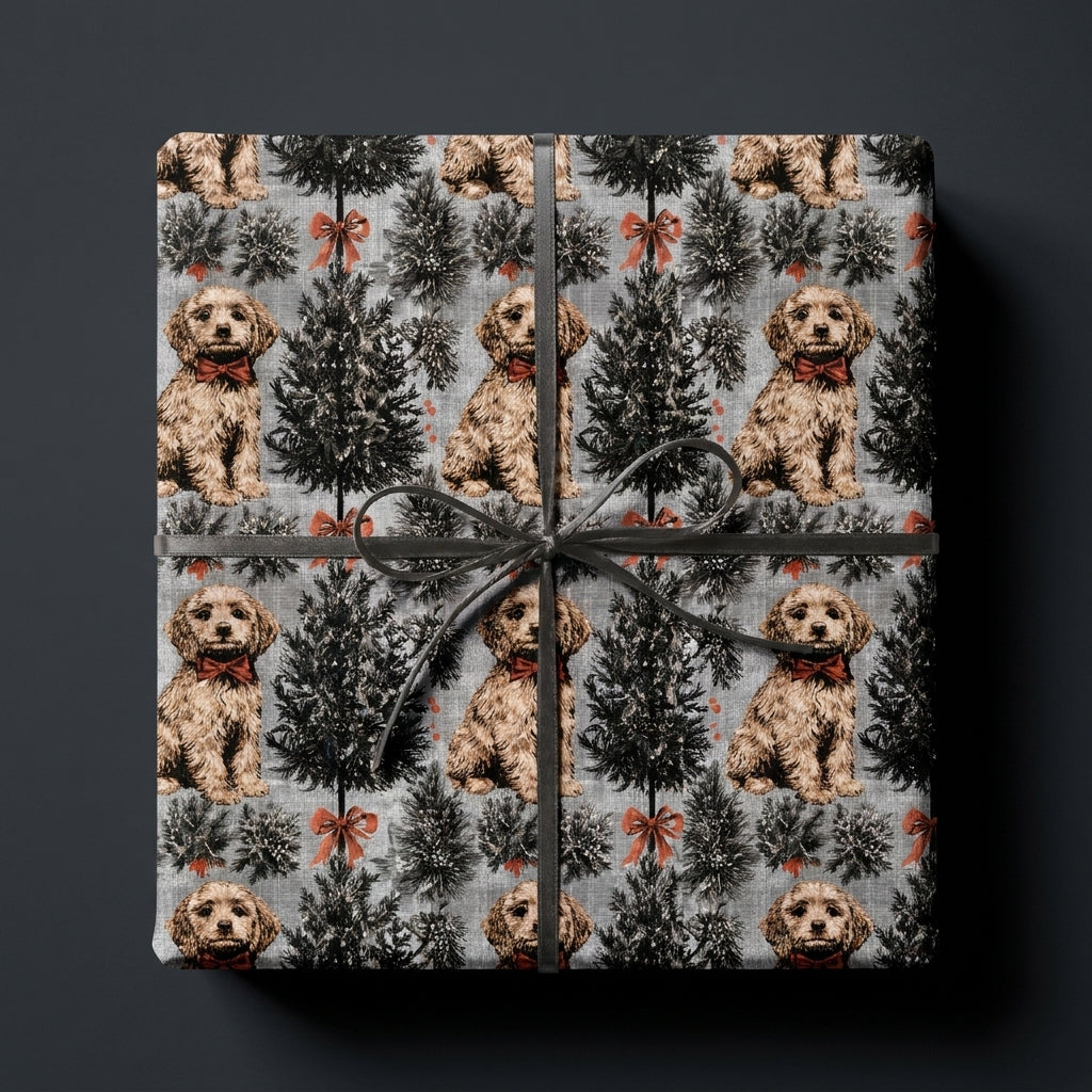 Dog Christmas wrapping paper featuring cute goldendoodles and pine trees on a gift box by Wrapped Studios.
