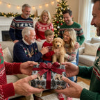 Hands holding a holiday gift in goldendoodle dog Christmas wrapping paper, by Wrapped Studios.