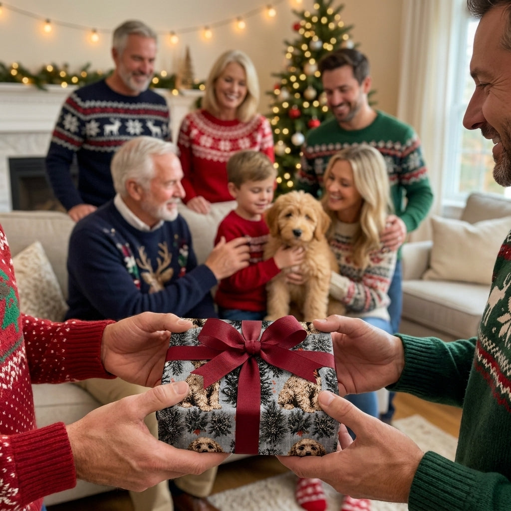 Hands holding a holiday gift in goldendoodle dog Christmas wrapping paper, by Wrapped Studios.