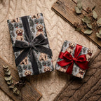 Goldendoodle dog Christmas wrapping paper with holiday bows on cozy knit blanket by Wrapped Studios.