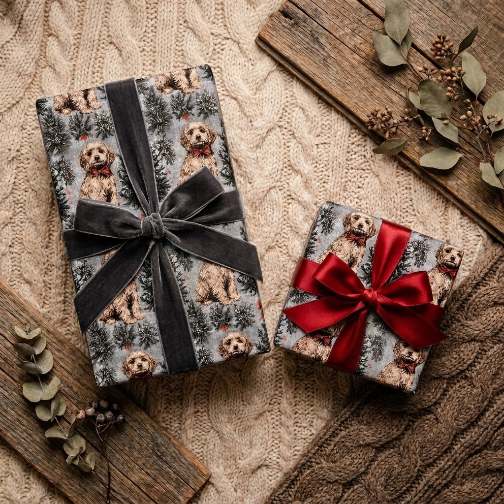 Goldendoodle dog Christmas wrapping paper with holiday bows on cozy knit blanket by Wrapped Studios.