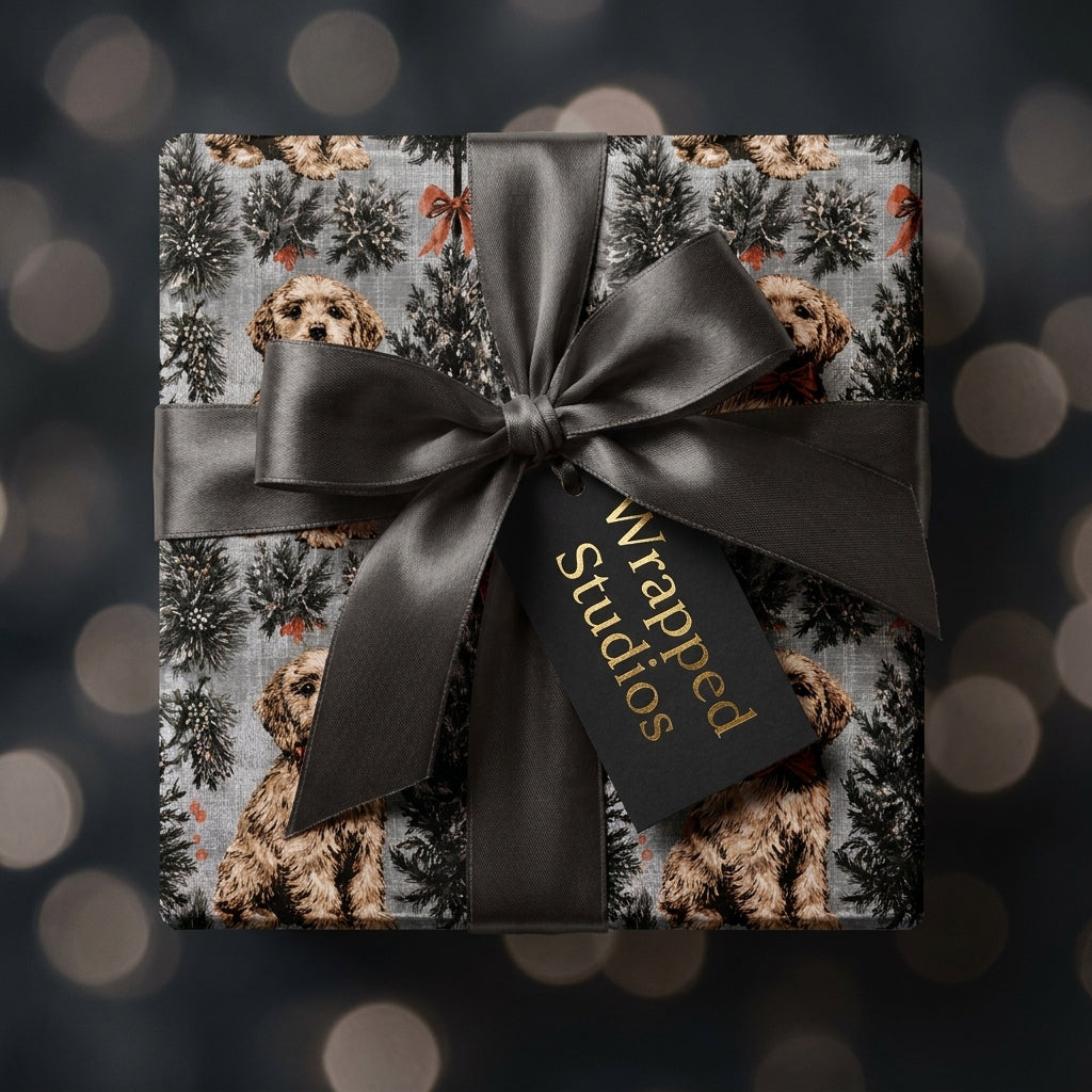 Christmas dog wrapping paper with elegant black satin bow and tag by Wrapped Studios.