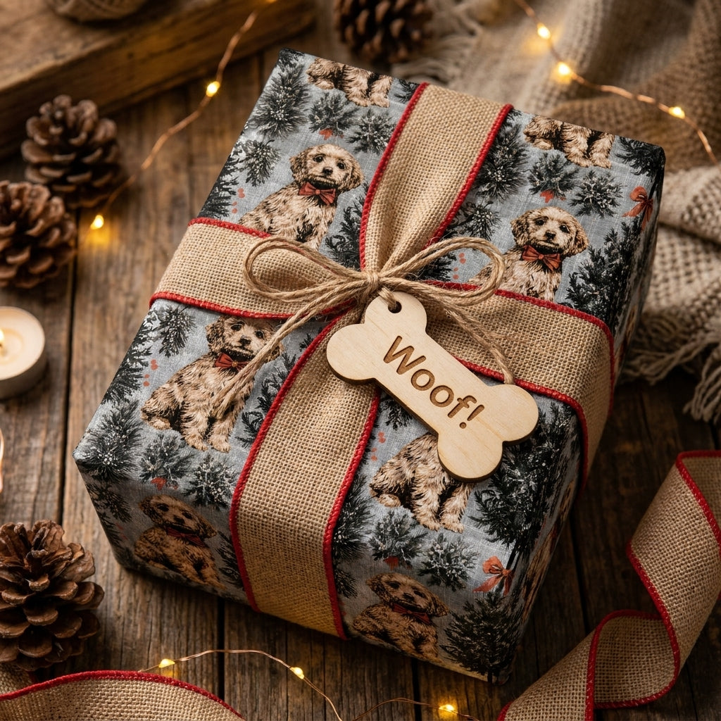 Dog Christmas wrapping paper with a burlap bow on a rustic holiday gift by Wrapped Studios.