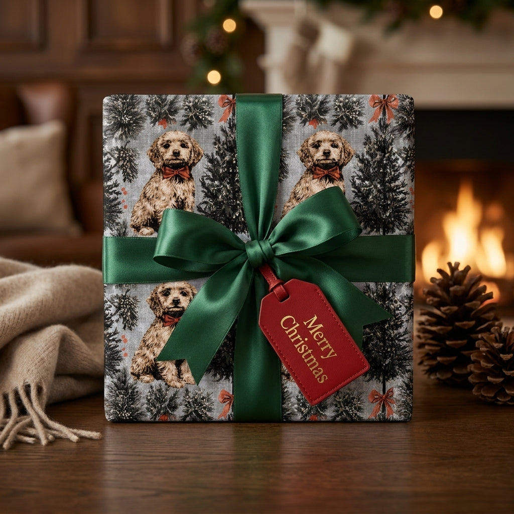 Cute dog Christmas wrapping paper with a green satin bow and holiday gift tag by Wrapped Studios.