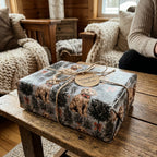 Goldendoodle dog Christmas wrapping paper on a rustic gift box tied with twine by Wrapped Studios.