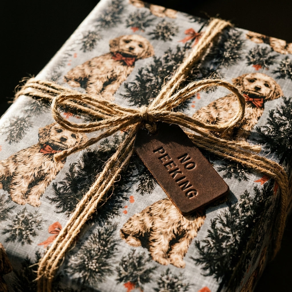 Goldendoodle dog Christmas wrapping paper with a twine bow and leather tag by Wrapped Studios.