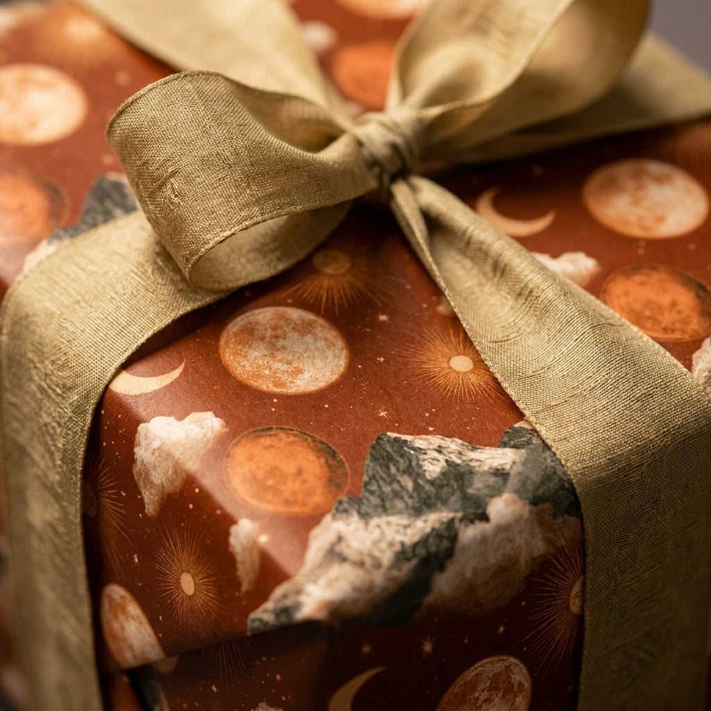 Celestial wrapping paper with vintage moon pattern and gold ribbon. Luxury gift wrap by Wrapped Studios.