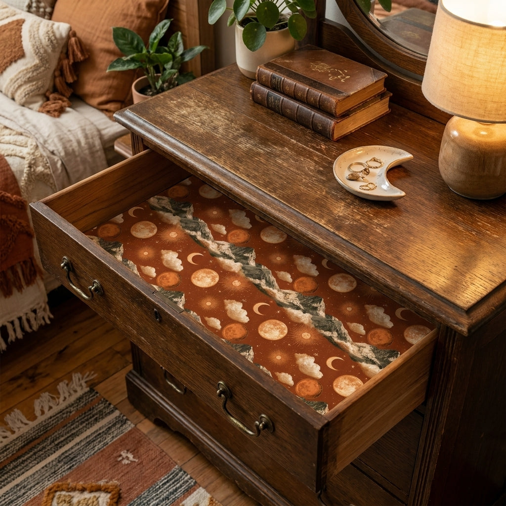 Celestial wrapping paper with a terracotta moon and mountain pattern lining a wooden drawer by Wrapped Studios.