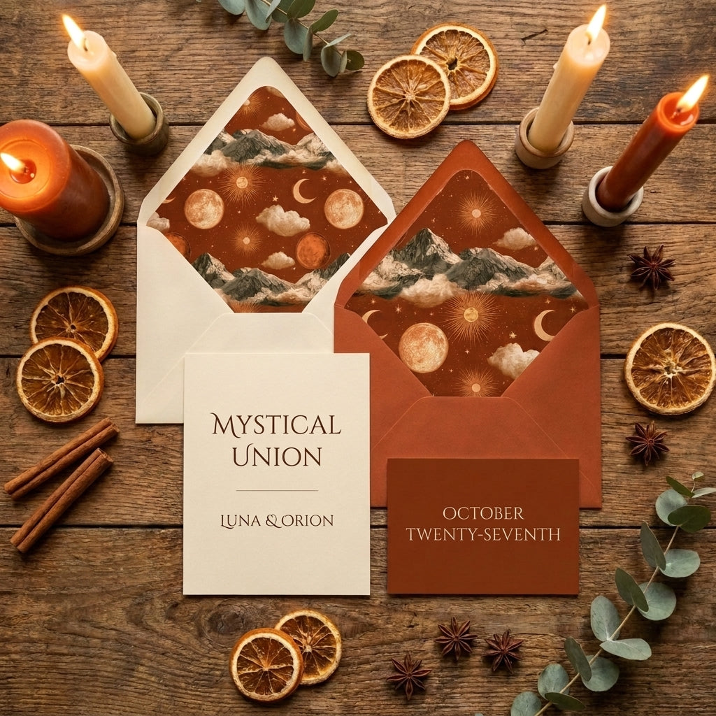 Mystical celestial wedding invitation suite with terracotta envelope liners by Wrapped Studios on a rustic table.
