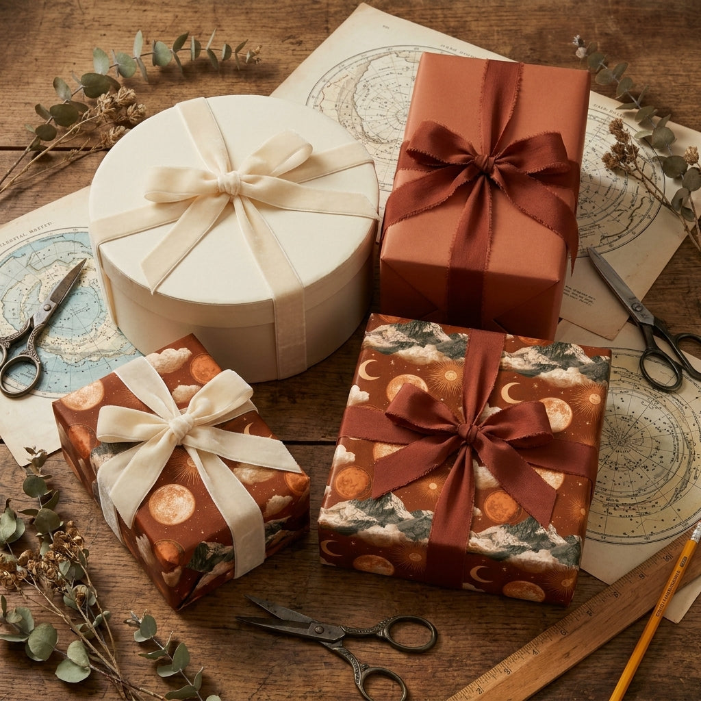 Celestial wrapping paper with vintage moon and star designs on gift boxes by Wrapped Studios.