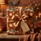Celestial mountain wrapping paper in terracotta on a gift box with a satin bow by Wrapped Studios.