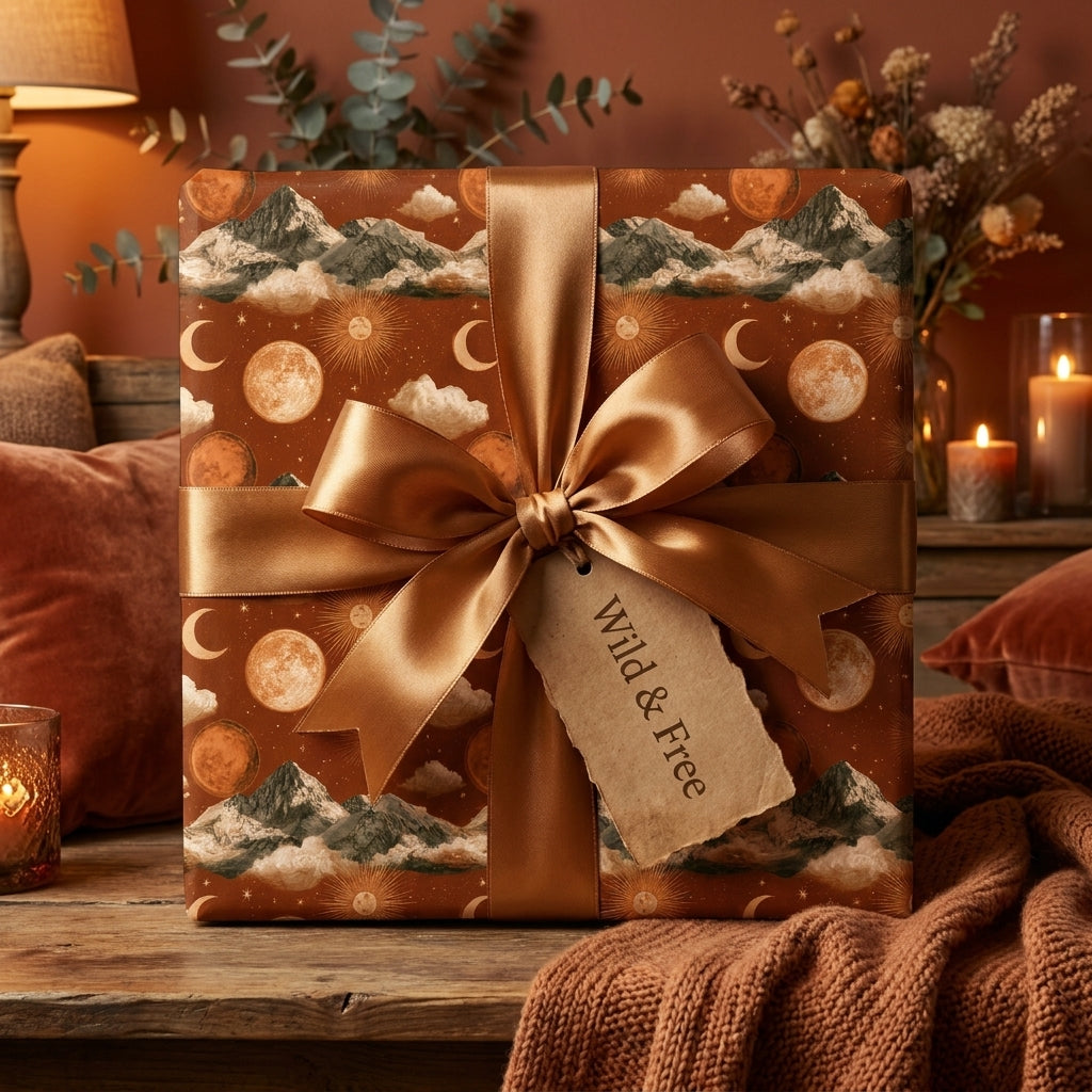 Celestial mountain wrapping paper in terracotta on a gift box with a satin bow by Wrapped Studios.