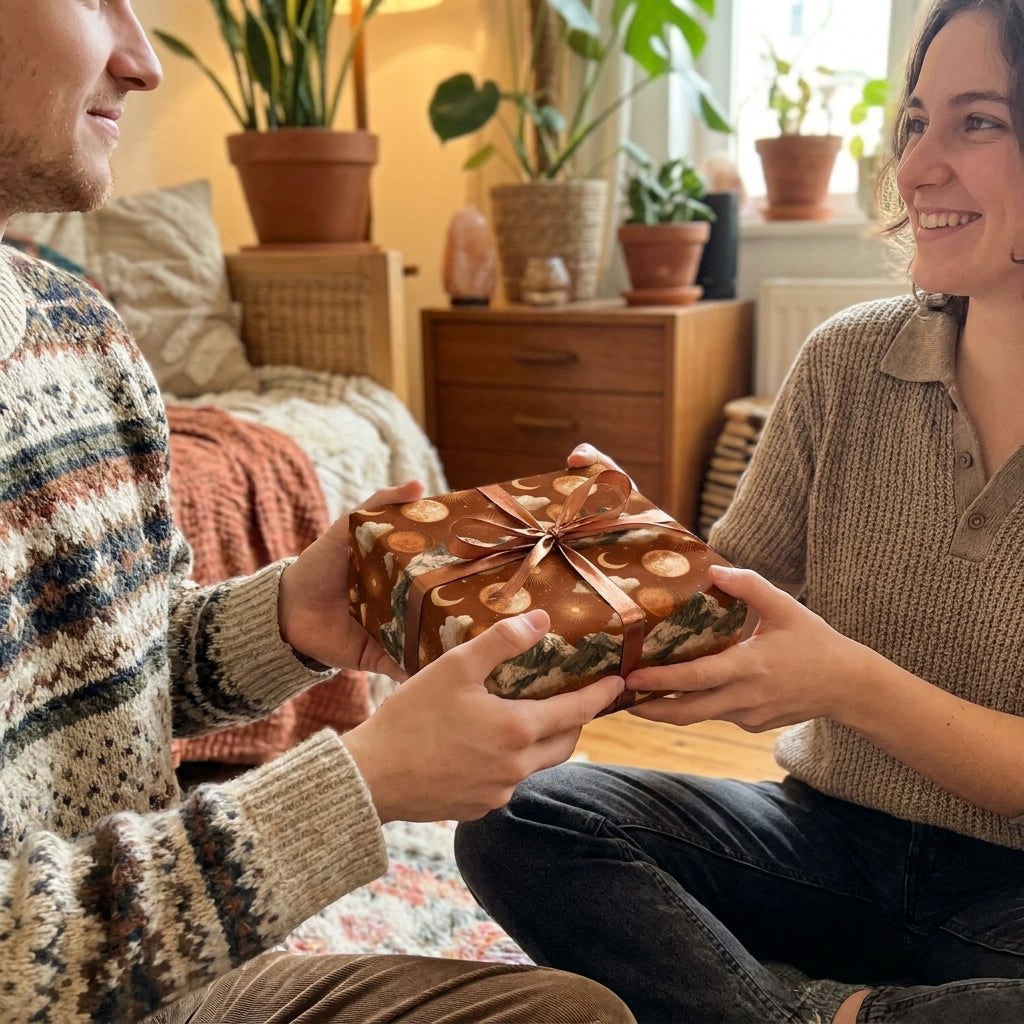 Couple exchanging a gift in celestial moon and sun wrapping paper by Wrapped Studios.