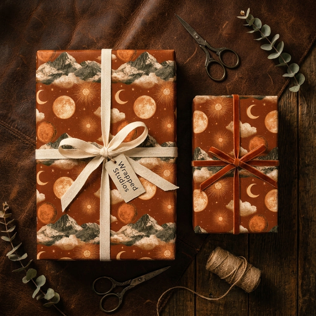 Celestial wrapping paper with a rust moon and mountain pattern on gifts by Wrapped Studios.