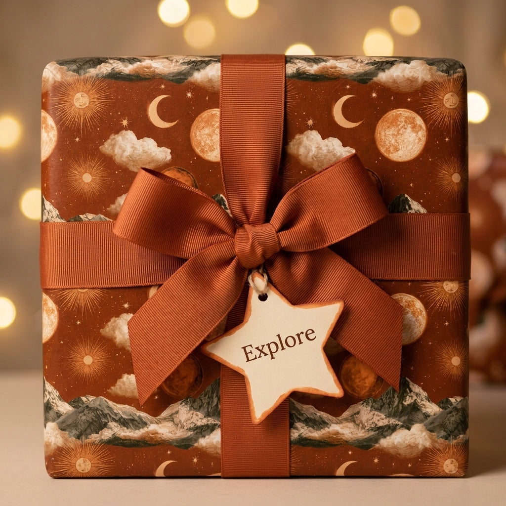 Boho celestial wrapping paper with mountain and moon pattern, rust ribbon by Wrapped Studios.