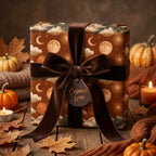 Celestial wrapping paper with a vintage moon pattern and brown velvet bow by Wrapped Studios.