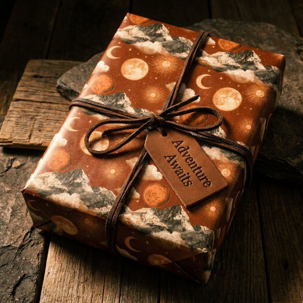 Rustic celestial wrapping paper with mountains and moons by Wrapped Studios.