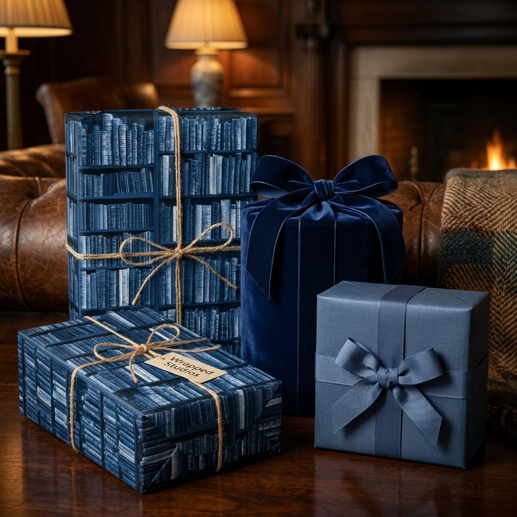 Cozy library bookshelf wrapping paper and luxury navy blue gift wrap by Wrapped Studios.