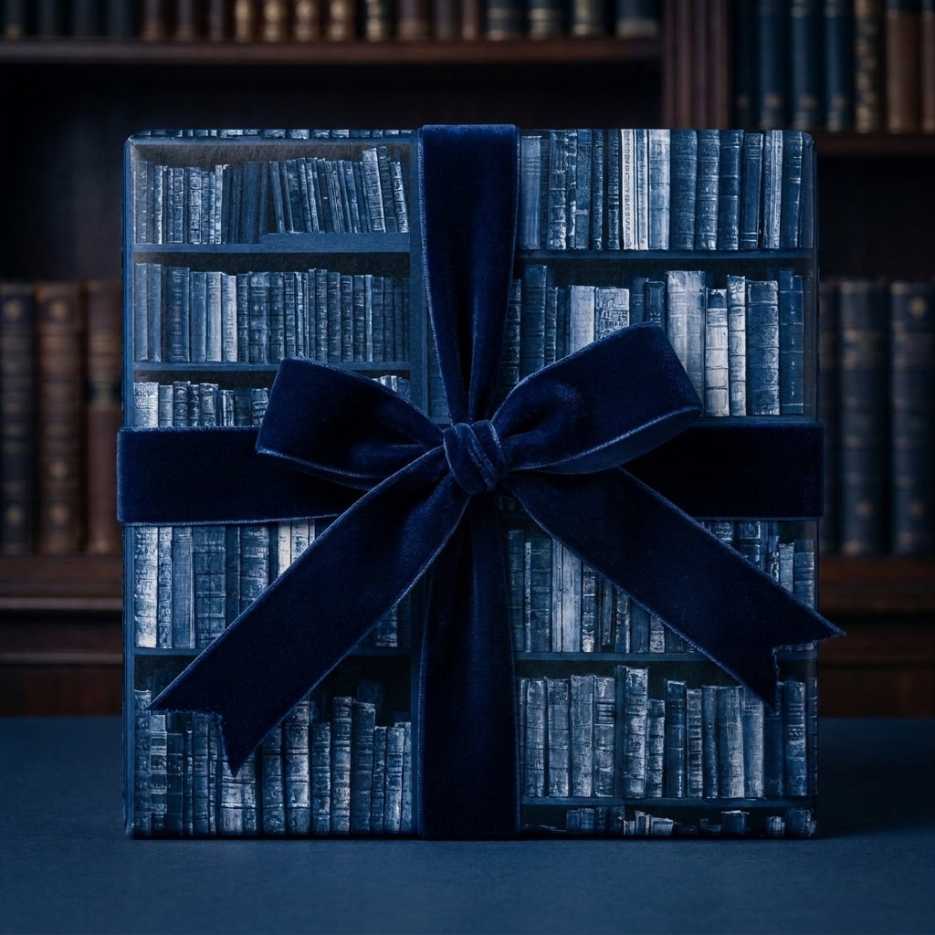 Book lover gift wrap with a vintage library bookshelf pattern and navy velvet bow, by Wrapped Studios.