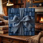 Book lovers wrapping paper with a dusty blue ribbon in a cozy library, by Wrapped Studios.