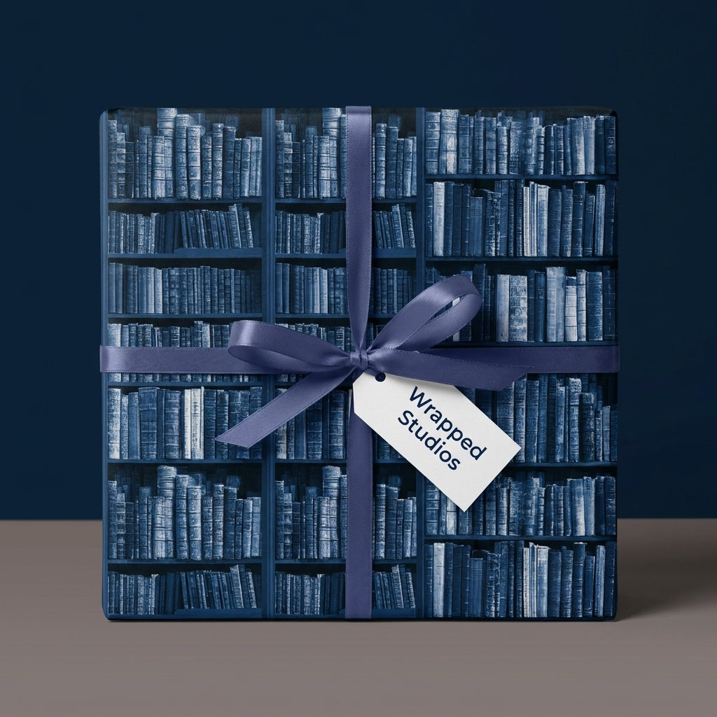 Vintage library bookshelf wrapping paper with a purple ribbon, literary gift wrap by Wrapped Studios.