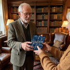 Man giving a gift in blue bookshelf wrapping paper by Wrapped Studios in a cozy library.