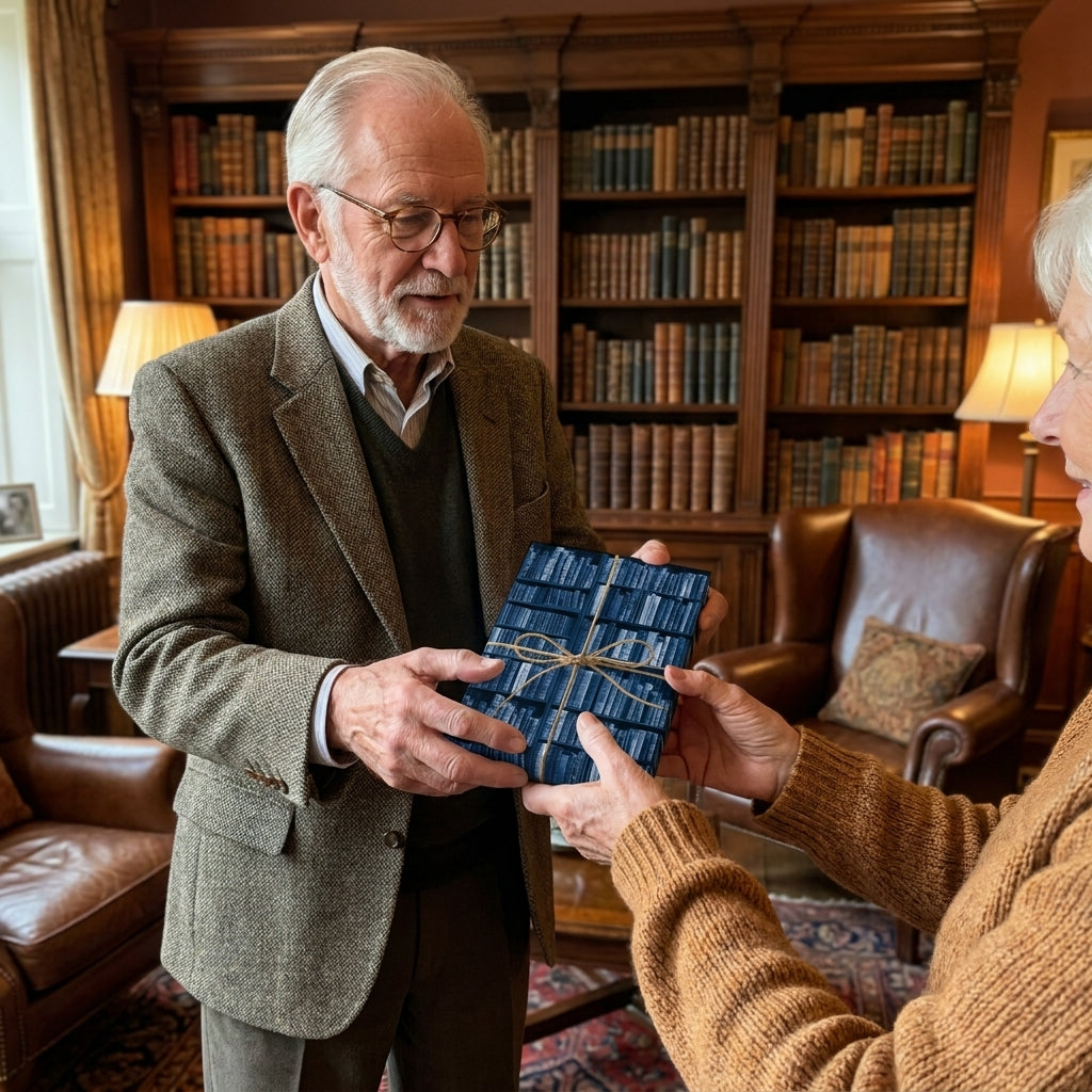 Man giving a gift in blue bookshelf wrapping paper by Wrapped Studios in a cozy library.