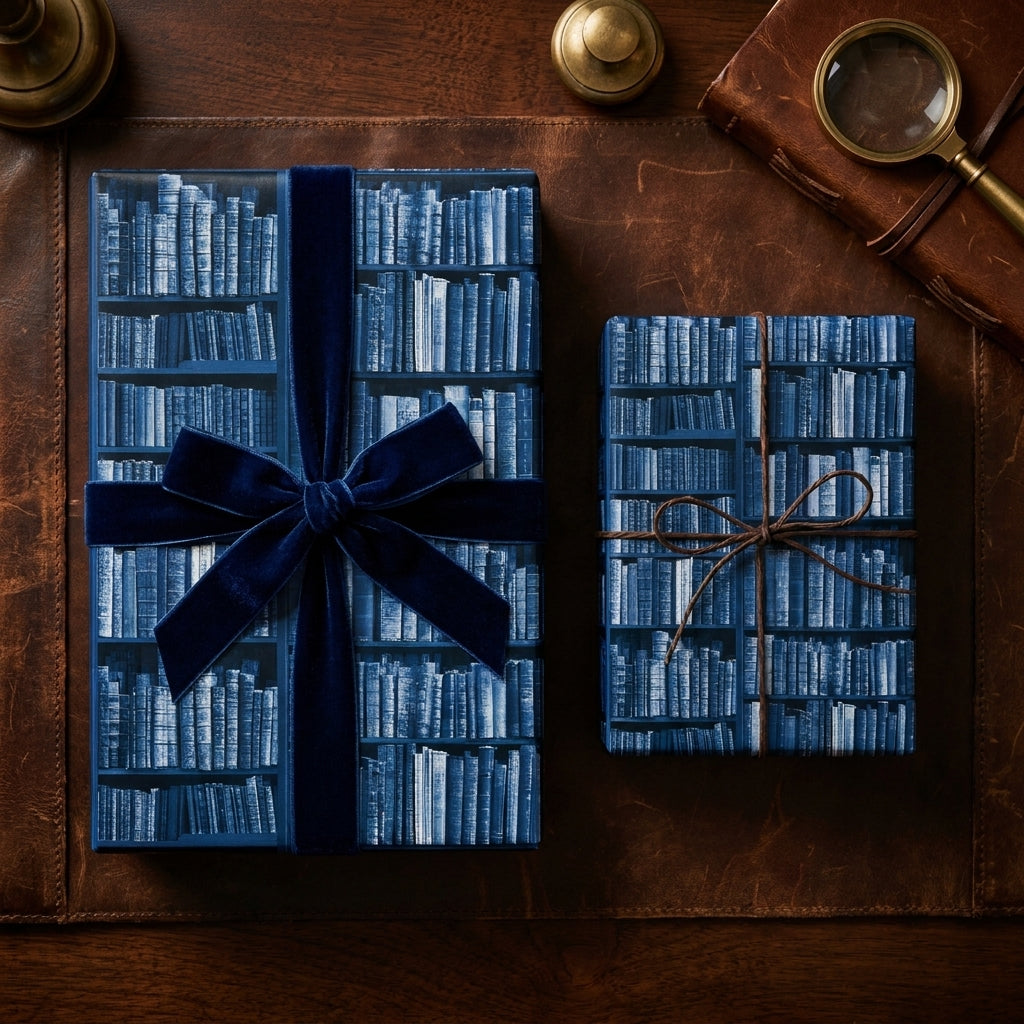 Vintage library bookshelf wrapping paper with navy velvet ribbon, by Wrapped Studios.