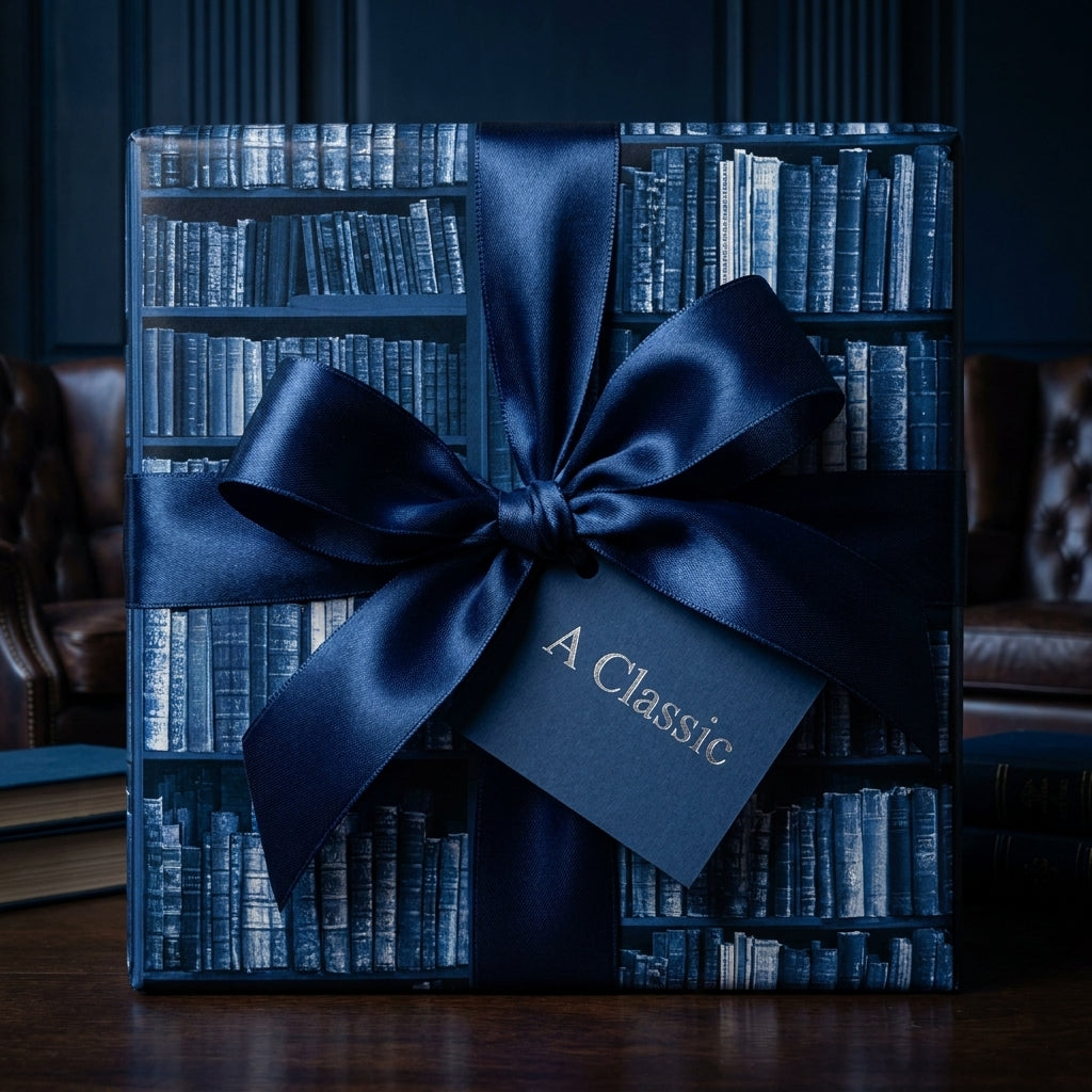 Navy blue library bookshelf wrapping paper with a luxury satin bow by Wrapped Studios.