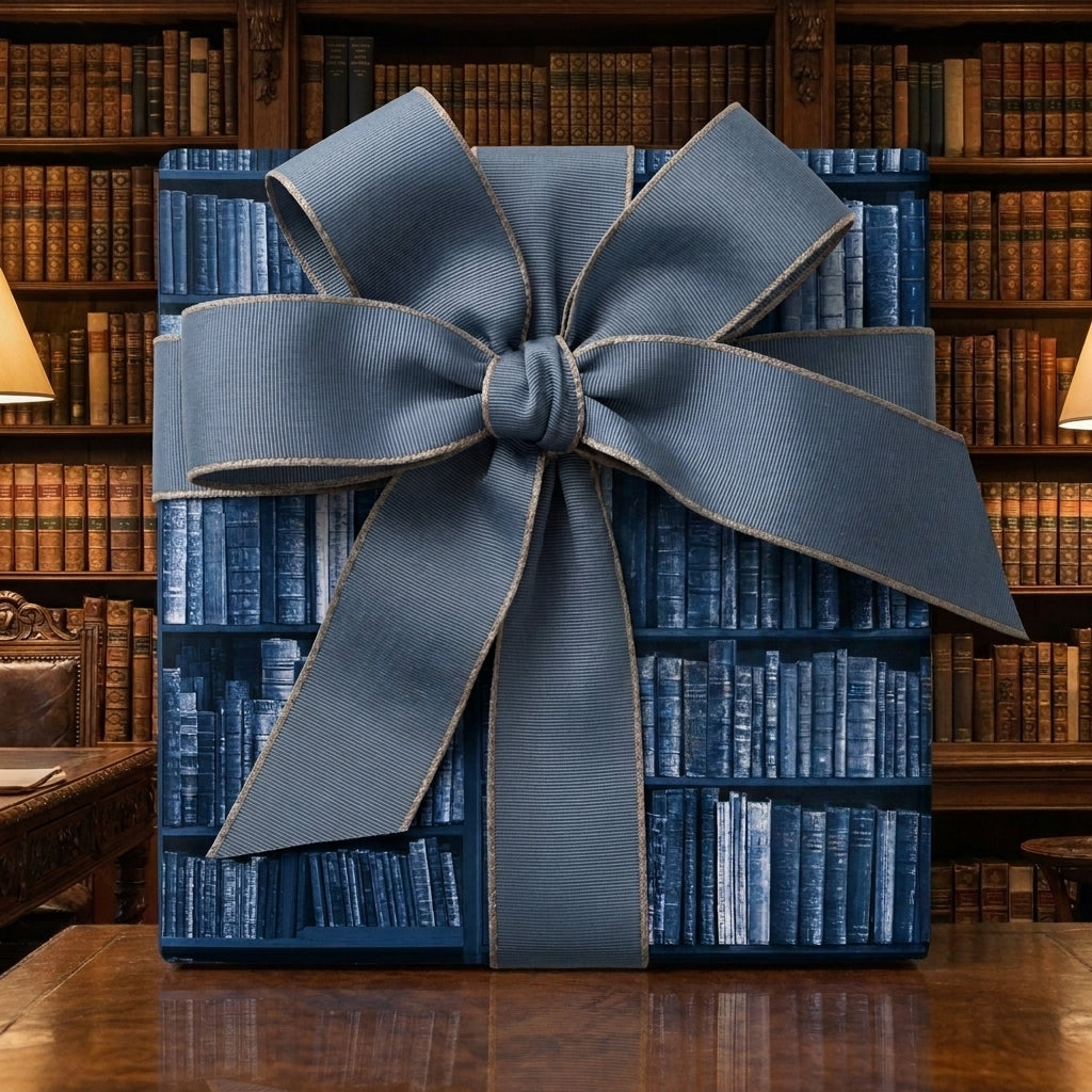 Vintage book themed wrapping paper with a large blue ribbon bow by Wrapped Studios.