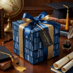 Bookshelf print graduation wrapping paper with gold and blue ribbon by Wrapped Studios.