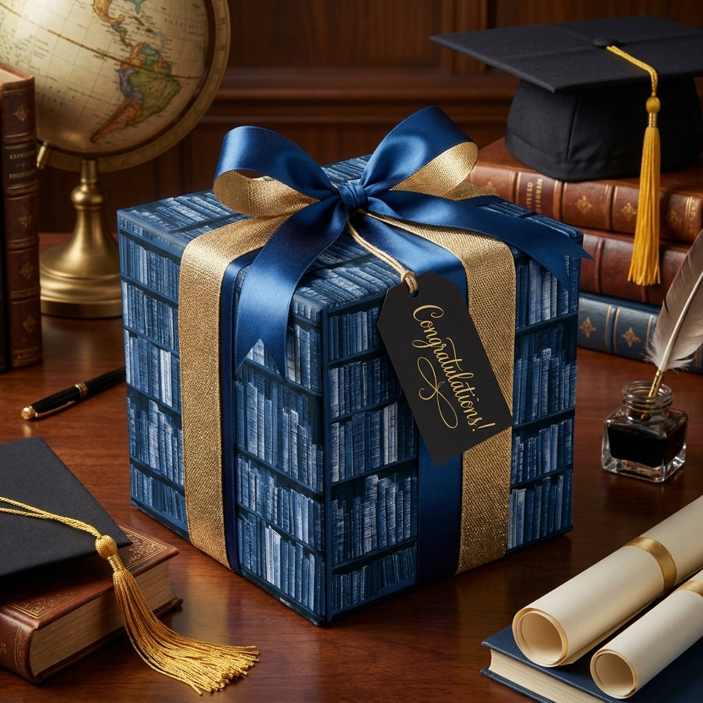 Bookshelf print graduation wrapping paper with gold and blue ribbon by Wrapped Studios.