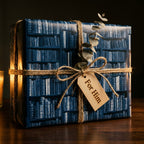 Blue library book wrapping paper with twine bow and For Him tag on a gift box by Wrapped Studios.