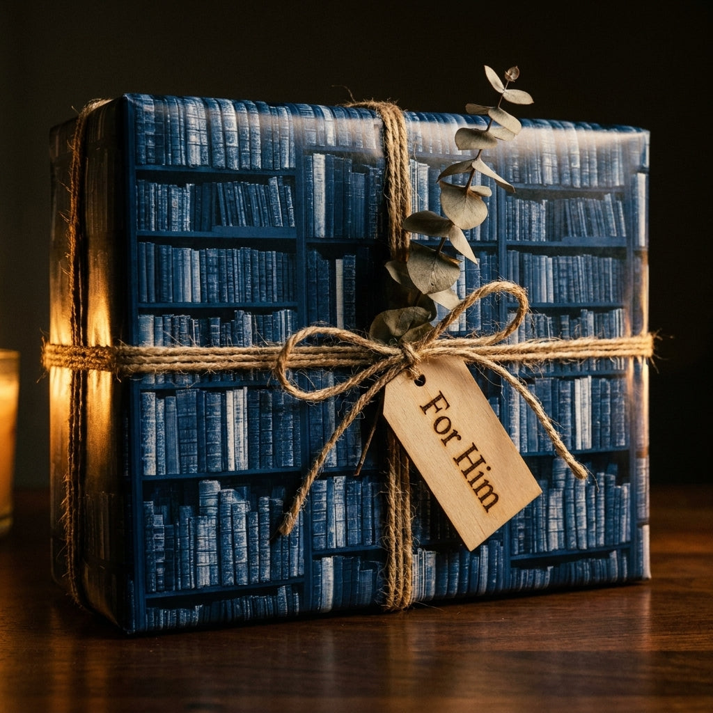 Blue library book wrapping paper with twine bow and For Him tag on a gift box by Wrapped Studios.