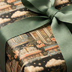 Vintage luxury gift wrap featuring a retro city scene and sage green ribbon bow by Wrapped Studios.
