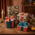 Luxury vintage Art Deco wrapping paper in teal and coral with satin ribbons by Wrapped Studios.