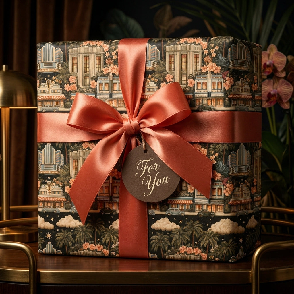 Art Deco wrapping paper with retro tropical pattern, coral ribbon, and gift tag by Wrapped Studios.