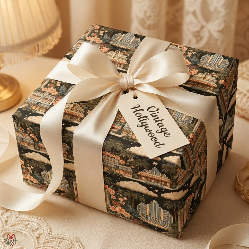 Retro vintage Hollywood gift wrap with a cream satin bow on a luxury gift box by Wrapped Studios.
