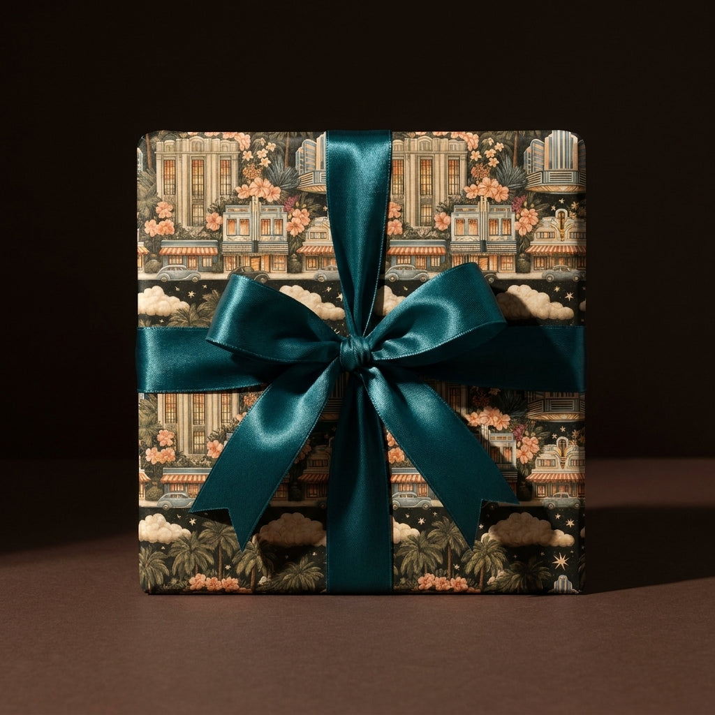 Vintage Art Deco wrapping paper with a teal satin bow. Luxury gift wrap by Wrapped Studios.