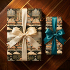 Vintage Art Deco wrapping paper with luxury city design and satin bows by Wrapped Studios.